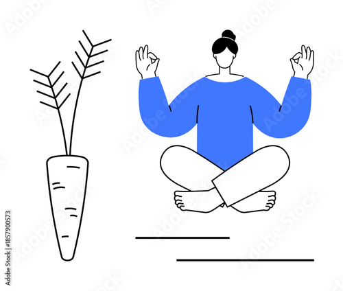 Wellness, mindfulness, healthy living, balanced lifestyle, self-care, food choices. Meditating person in lotus pose alongside a carrot. Wellness and mindfulness as part of healthy living