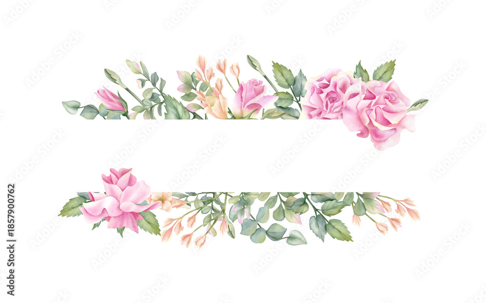 Obraz premium Elegant watercolor floral frame, pink rose, beige freesia, leaves with empty horizontal template. Pastel flower composition isolated from background. Illustration border for your text design, card