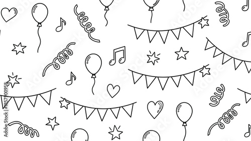 Black and white illustration of party decorations celebration birthday anniversary wedding festival