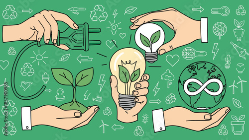 Hands holding eco-friendly objects and symbols for sustainability and conservation recycling green