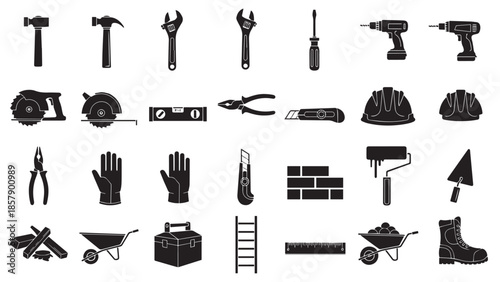 Set of black construction and handyman tool silhouette icons isolated on a transparent background