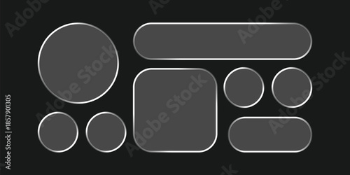 Assorted Liquid Glass UI Shapes on Dark Background. White Transparent Frame Square and Circle Banner with Shine Stroke. Control center widget for smartphone and web app, Vector Illustration