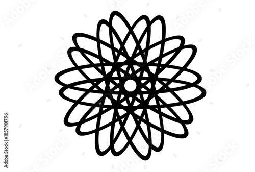 A black and white illustration of a geometric flower design