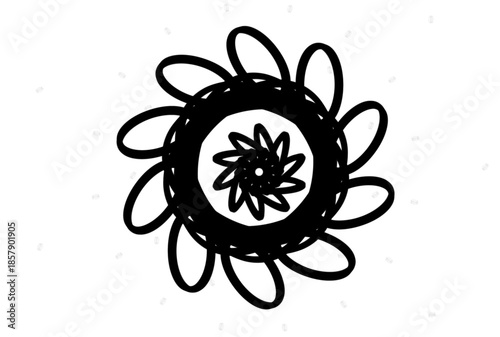 A simple black and white illustration of a flower design
