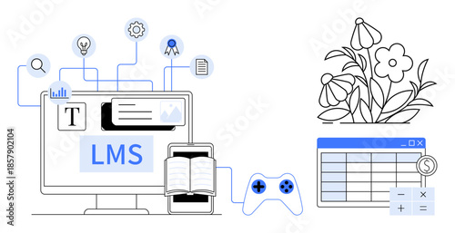 Online learning, gamification, e-learning systems, modern education, technology tools, digital creative work. Computer displaying LMS with icons and tools, alongside flowers and spreadsheet. Online