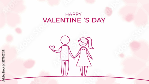 Simple line art illustration of a happy couple holding hands, celebrating Valentine's Day with a heartwarming message on a gentle pink floral background