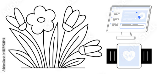 Digital health, wearable technology, medical monitoring, wellness tracking, interface design, eco-consciousness. A smartwatch, computer screen with data decorative flowers. Digital health