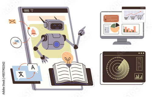 Robot interacts with phone, analyzing graphs and translations, sparking creativity with books and light bulbs. Ideal for AI, innovation, automation, research, communication, education productivity