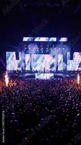 DJ Performing at a Concert with a Large Crowd and Stage Lights.