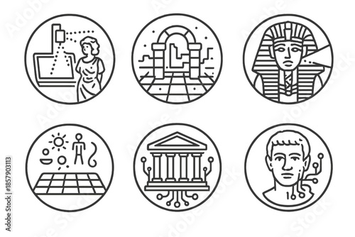 Cyber Archaeology Icons. Line style circular vector icons of cyber archaeology: scanning statue hologram, glowing ruins grid,