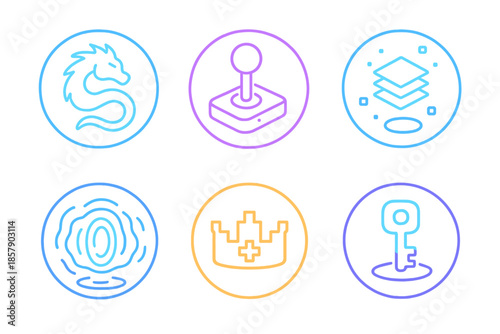 Neon Fantasy Icons. Line style circular vector icons of interactive fantasy: neon dragon curl, glowing joystick, digital platform