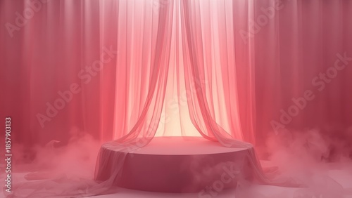 A serene pink stage with sheer curtains and fog, creating a peaceful atmosphere