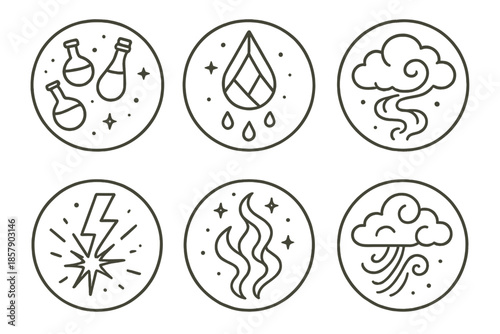 Arcane Climate Icons. Line style circular vector icons of arcane climate: potion bottles suspended in air, prism droplet fall,