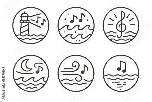 Oceanic Rhythm Icons. Line style circular vector icons of oceanic rhythm: lighthouse singing notes, waves pulsing in tempo,