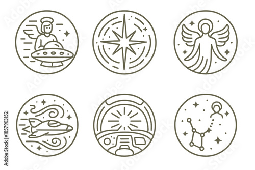 Celestial Myth Icons. Line style circular vector icons of celestial myth: winged creature piloting spaceship, glowing star engine,