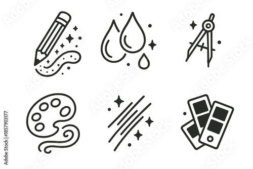 Artistic Icons Flow. Line style icons of Artistic Flow: pencil with streaming stardust, glowing ink drops, tiny floating compass,