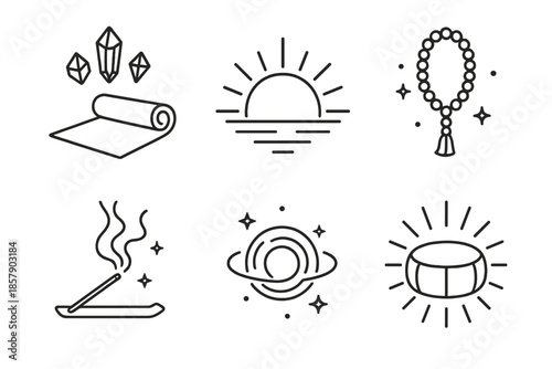 Mindful Morning Icons. Line style icons of Mindful Morning: yoga mat with levitating gemstones, glowing sunrise aura, tiny