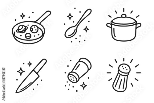 Cosmic Kitchen Icons. Line style icons of Cosmic Kitchen: frying pan with miniature planets, sparkles of seasoning, tiny floating