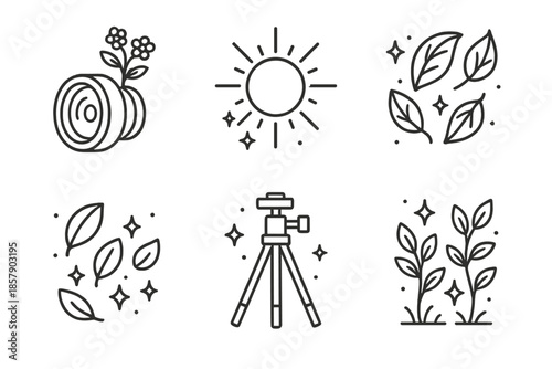 Nature-Inspired Photography Icons. Line style icons of Photography Nature: camera lens sprouting tiny flowers, glowing sunlight,
