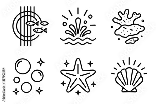 Aquatic Harmony Icons. Line style icons of Aquatic Harmony: guitar strings with tiny fish, glowing ocean spray, floating coral
