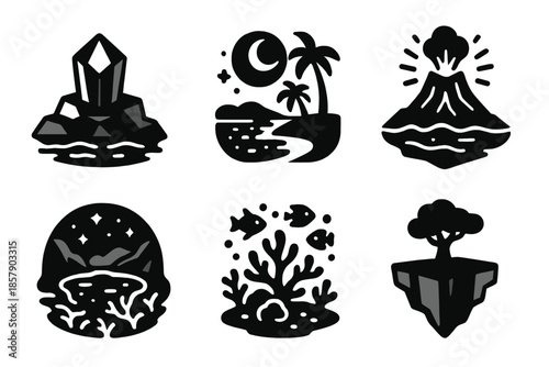 Solid Exotic Landscapes. Solid style icons of exotic landscapes in : prism island, glowing beach, radiant volcano, ethereal lagoon