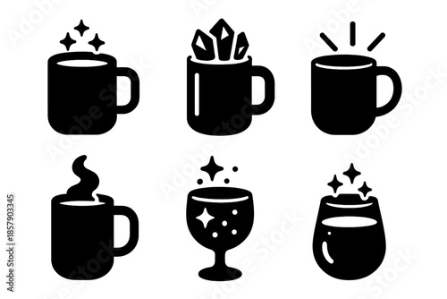 Whimsical Beverage Icons. Solid style icons of whimsical beverage elements in : mug, glowing liquid, prism foam, radiant handle,