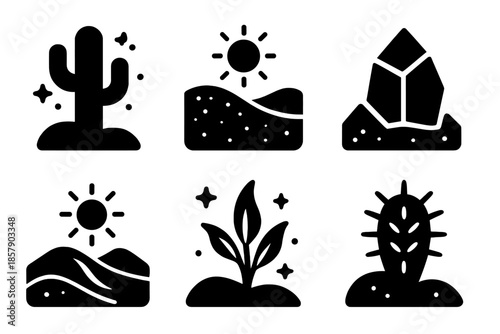 Arid Landscape Icons. Solid style icons of arid landscapes in : cactus, glowing sand, prism rock, radiant dune, ethereal plant,