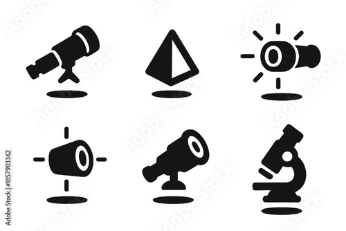 Levitating Exploration Tools. Solid style icons of levitating exploration tools in : floating telescope, hovering prism lens,