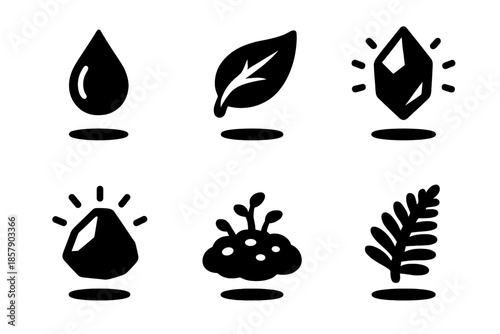Levitating Natural Elements. Solid style icons of levitating natural elements in : floating water droplet, hovering leaf, prism