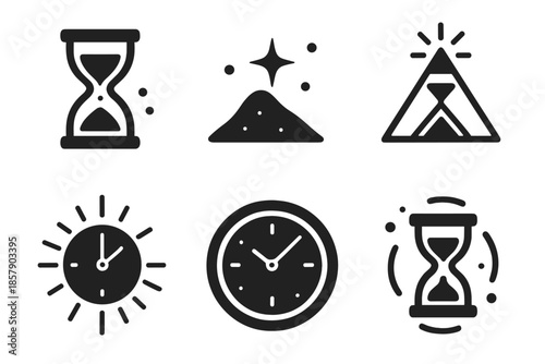 Mystical Time Icons. Solid style icons of mystical time in : hourglass, glowing sand, prism timer, radiant clock, ethereal dial,