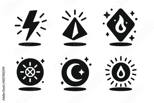 Levitating Magical Icons. Solid style icons of levitating magical symbols in : lightning, prism spark, glowing rune, radiant sigil