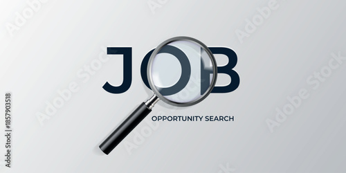 Magnifying job search. Candidate find new job opportunity, recruitment concept banner hire work employment realistic magnifier glass zoom text background hr vector illustration