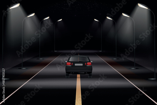 Realistic car night road. Black suv driving on dark highway under streetlights, city street asphalt auto vehicle back view ride empty route track background vector illustration