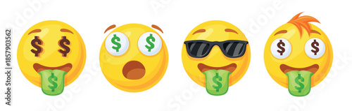 Dollar emoji. Emoticon money face mouth dollar symbol, financial smile cash sign social media mascot cartoon happy fun circle character, finance concept neat vector illustration