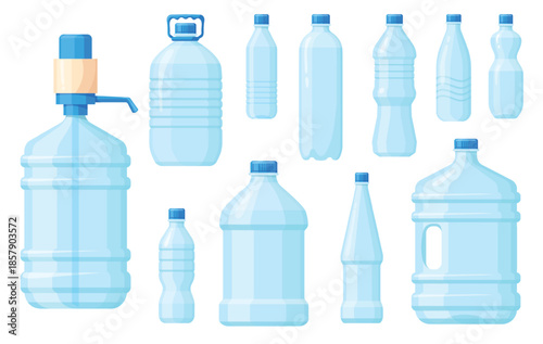 Plastic water containers. Empty bottles, drink beverage storage gallon small big volume mineral bottle shape container with pump tap plastic pack, cartoon neat vector illustration