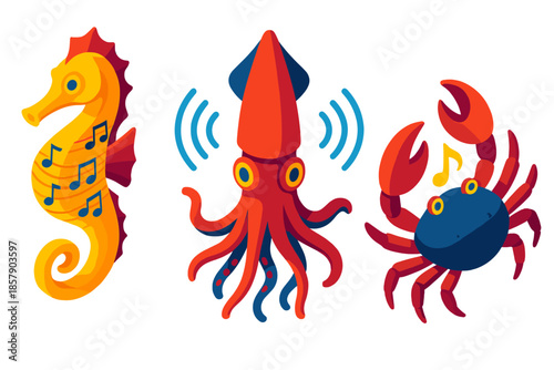 Musical Underwater Icons. Isometric vector illustration set Deep-Sea Creatures Representing Musical Genres: seahorse with