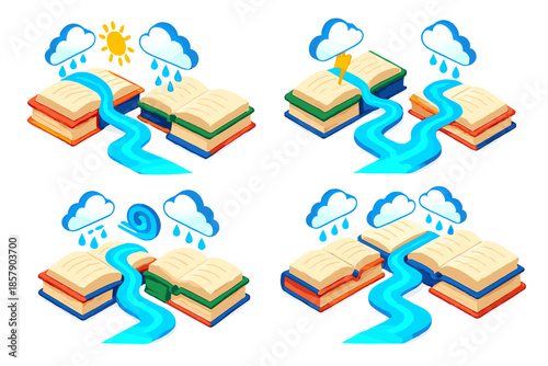 Atmospheric River Books. Isometric vector illustration set Library Books Forecasting Atmospheric Rivers: stacks of open books