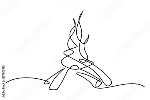 Bonfire in continuous line art drawing style. Campfire black linear design isolated on white background. Vector illustration