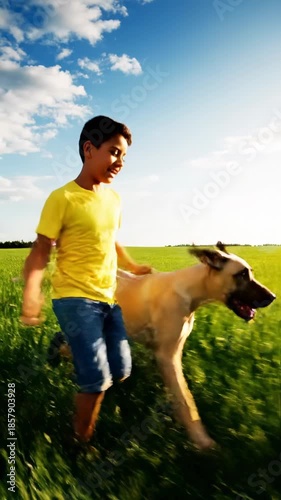 Joyful Boy and Dog Running Together in a Green Field Under a Blue Sky.