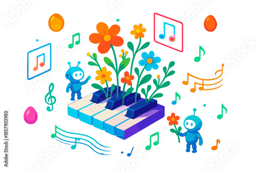 Blooming Piano Keys. Isometric vector illustration set Piano keys blooming flowers: floating glowing piano keys sprouting colorful