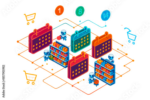 Futuristic Supermarket Calendar. Isometric vector illustration set Supermarket aisles as calendars: floating glowing store rows