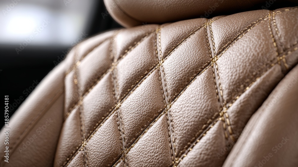 Fototapeta premium A close up of a leather seat with a diamond pattern. The leather is brown and the pattern is gold