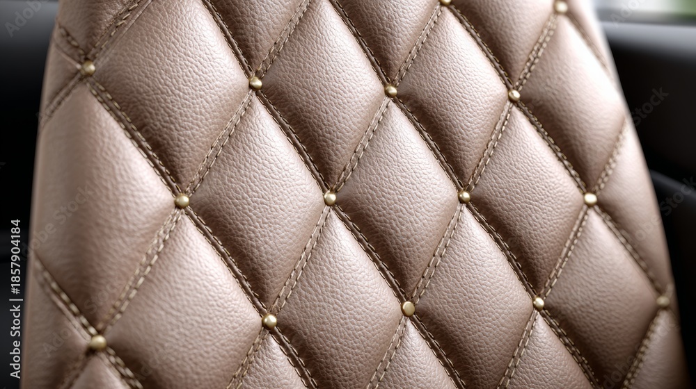 Fototapeta premium A leather seat with a diamond pattern and gold studs. The seat is brown and has a shiny appearance