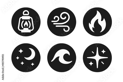 Guiding Light Icons. Solid style round vector icons of guiding light: lantern, wind swirl, flame, night sky, wave, spark No text,