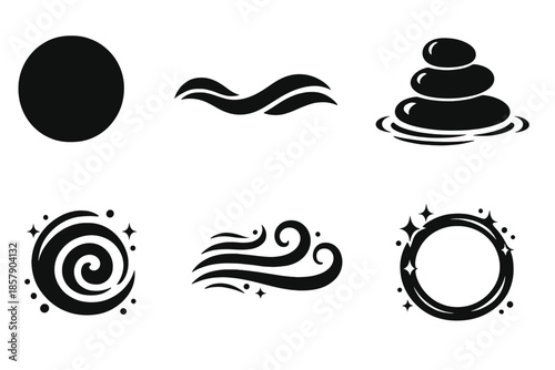 Meditative Movement Icons. Solid style round vector icons of meditative movement: circle, wave curve, stone path, swirl, air