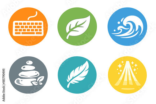 Mindful Computing Icons. Solid style round vector icons of mindful computing: keyboard, leaf, wave, zen stone, feather, light beam
