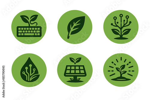Eco-Tech Icons. Solid style round vector icons of organic technology: keyboard, leaf, circuit, droplet, solar panel, light ray No