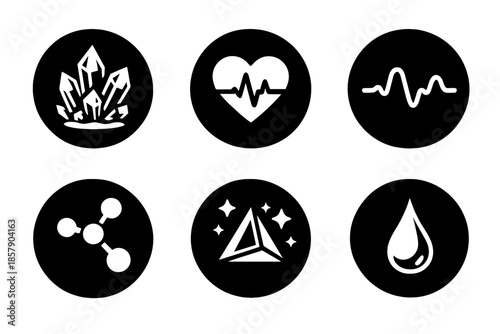 Bio Crystal Icons. Solid style round vector icons of bio crystals: crystal, heart pulse, waveform, molecule, prism, drop No text,