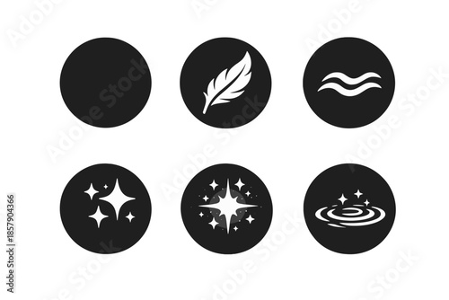 Elegant Vector Icons. Solid style round vector icons of delicate form: circle, feather, wave line, shine, aura glow, ripple No
