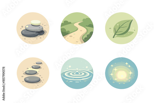 Quiet Beginnings Icons. Solid style round vector icons of quiet beginnings: pebble, pathway, leaf, step line, ripple, glow No text